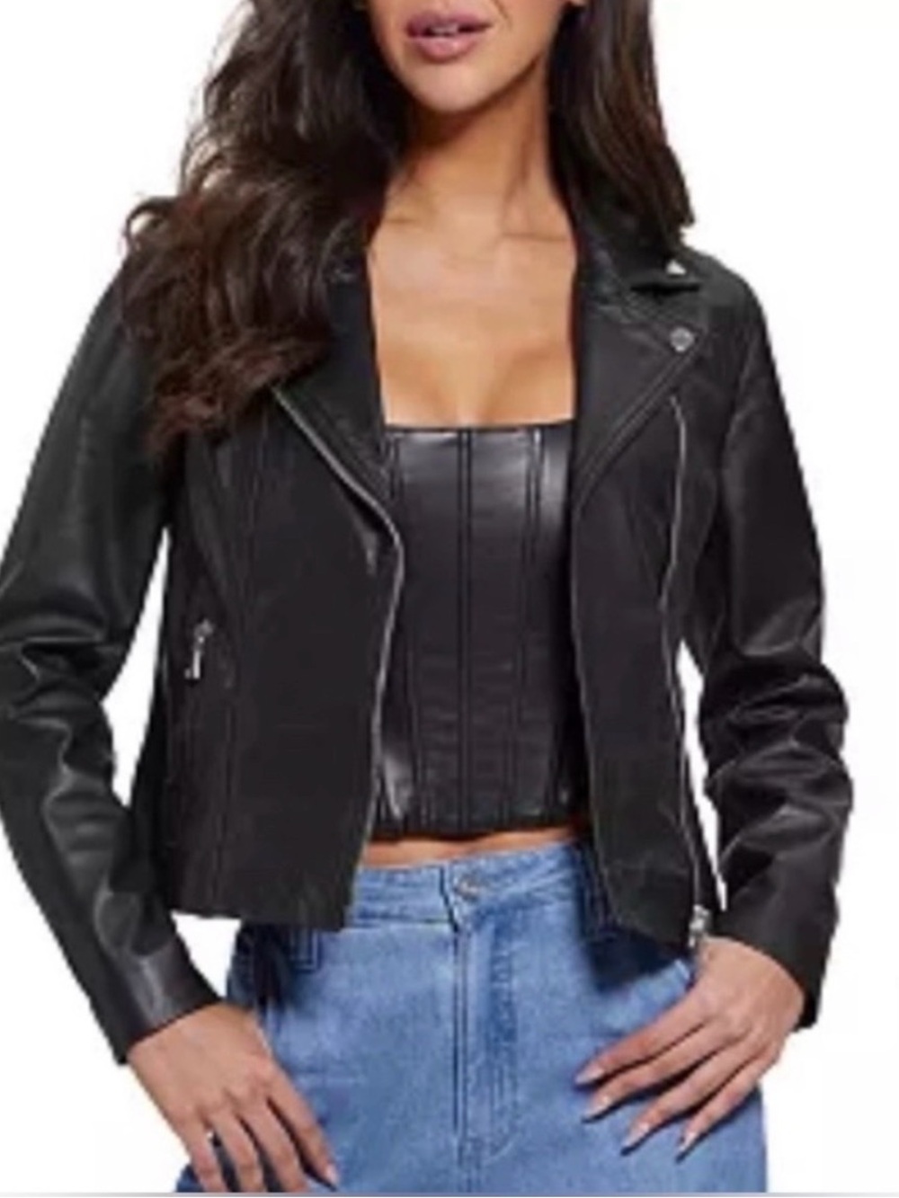 GUESS Tracy Real Leather Zipped Moto Jacket Black